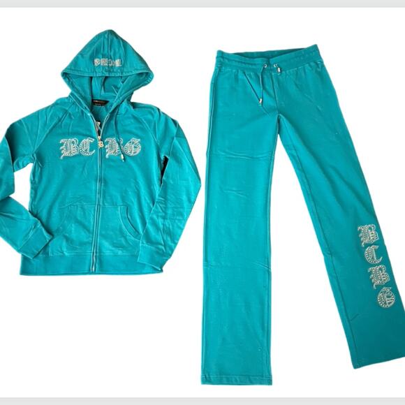 BCBG AQUAMARINE BLING TRACKSUIT SWEATSUIT W/ SILVER STUDS LOGO & TIGER FACE NWT - Picture 8 of 16